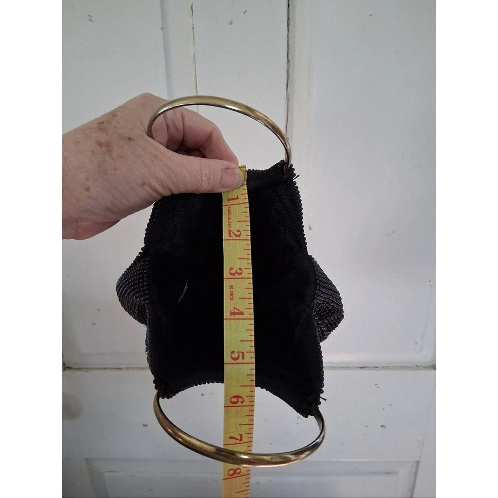Blk Beaded Circle Evening Bag w/ Gold Tone Metal Ring Handles Vintage Hong Kong